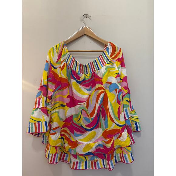 John Mark Abstract Wave Smocked Round Neck 3/4 Bell Sleeve Ruffled Tunic Sz 2X - Picture 6 of 6